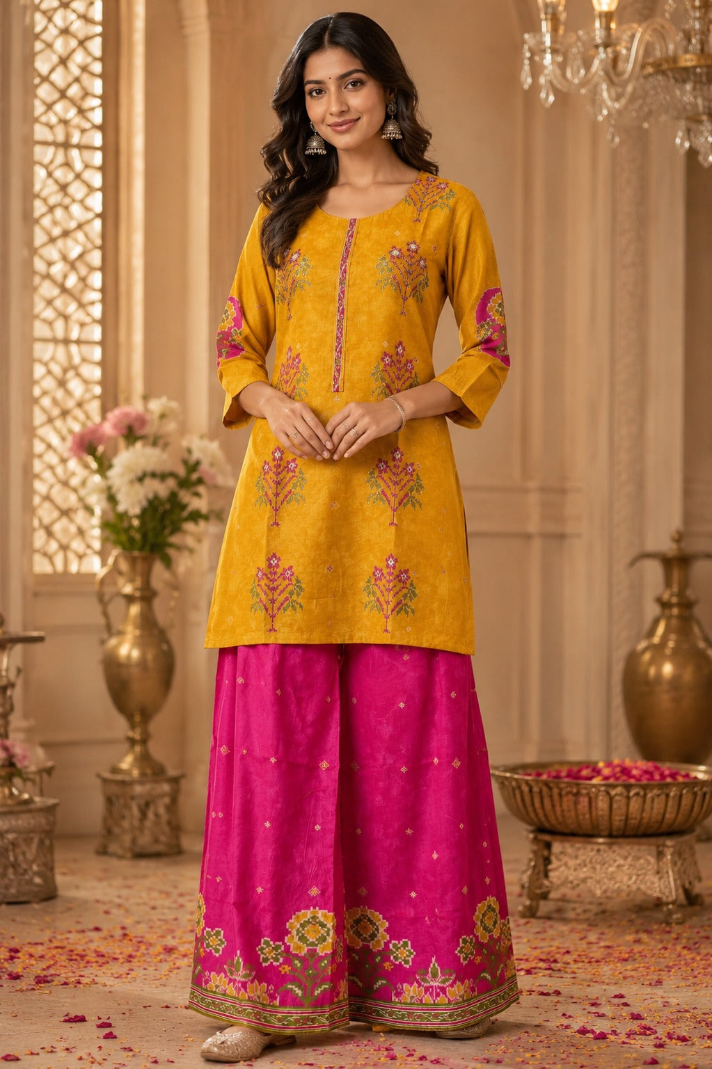 Pure crepe Patola co ord in yellow