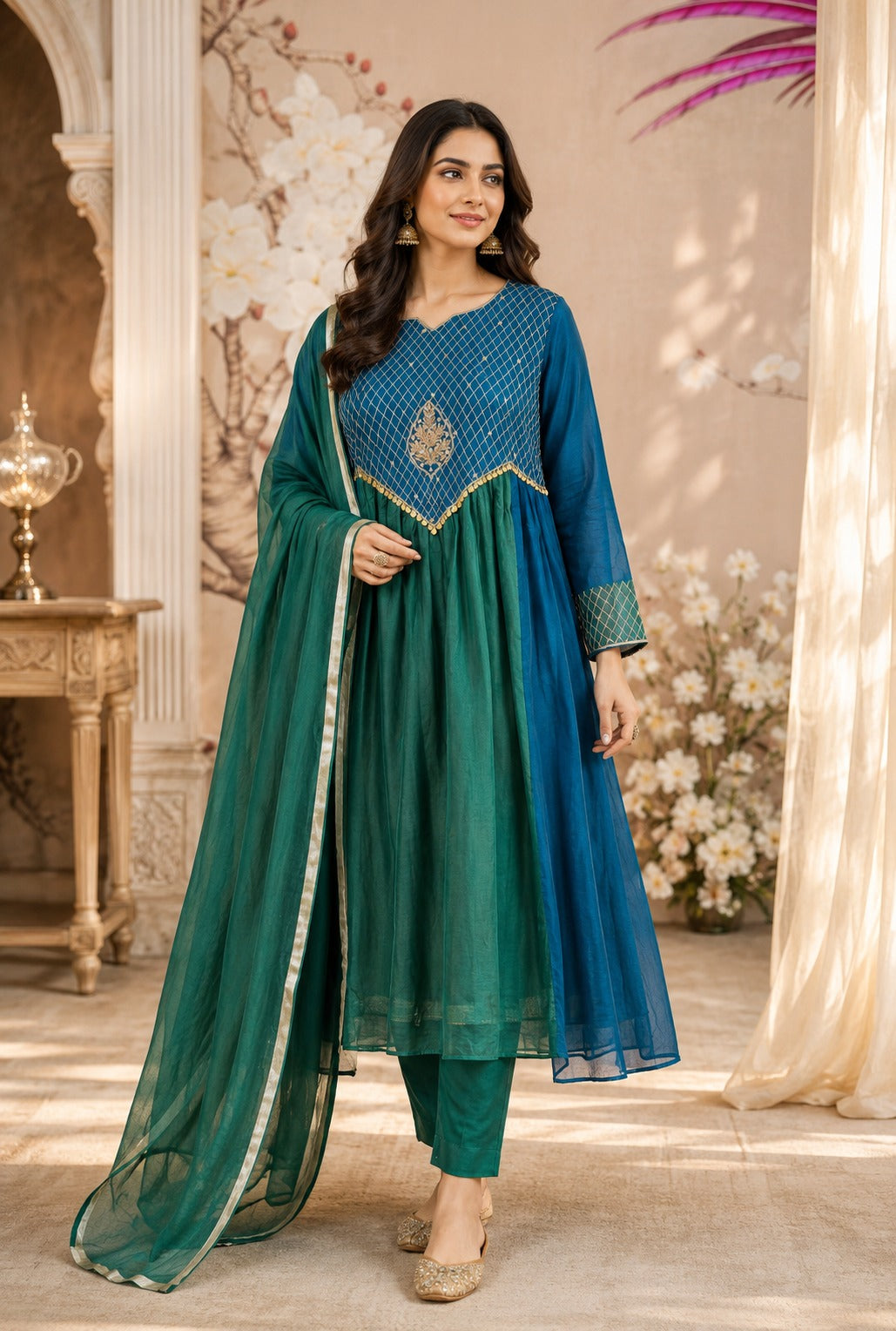 Viral Banarasi Mul chanderi detailing suit set