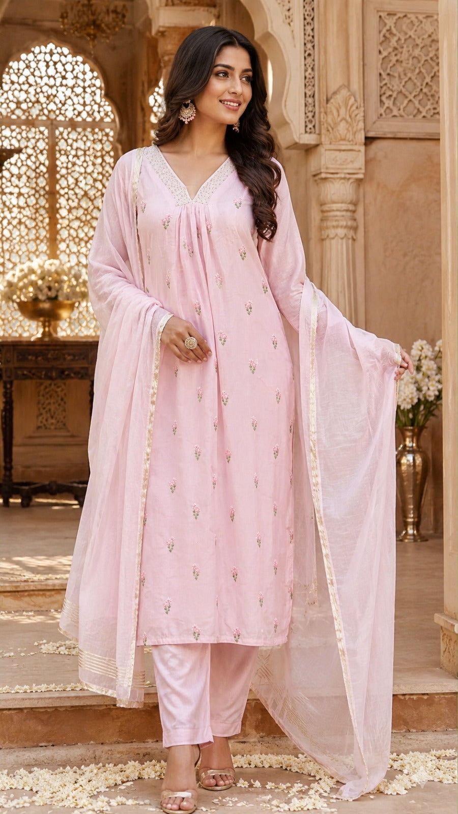 Super pretty pintresty mulchanderi Mul chanderi full suit set in baby pink