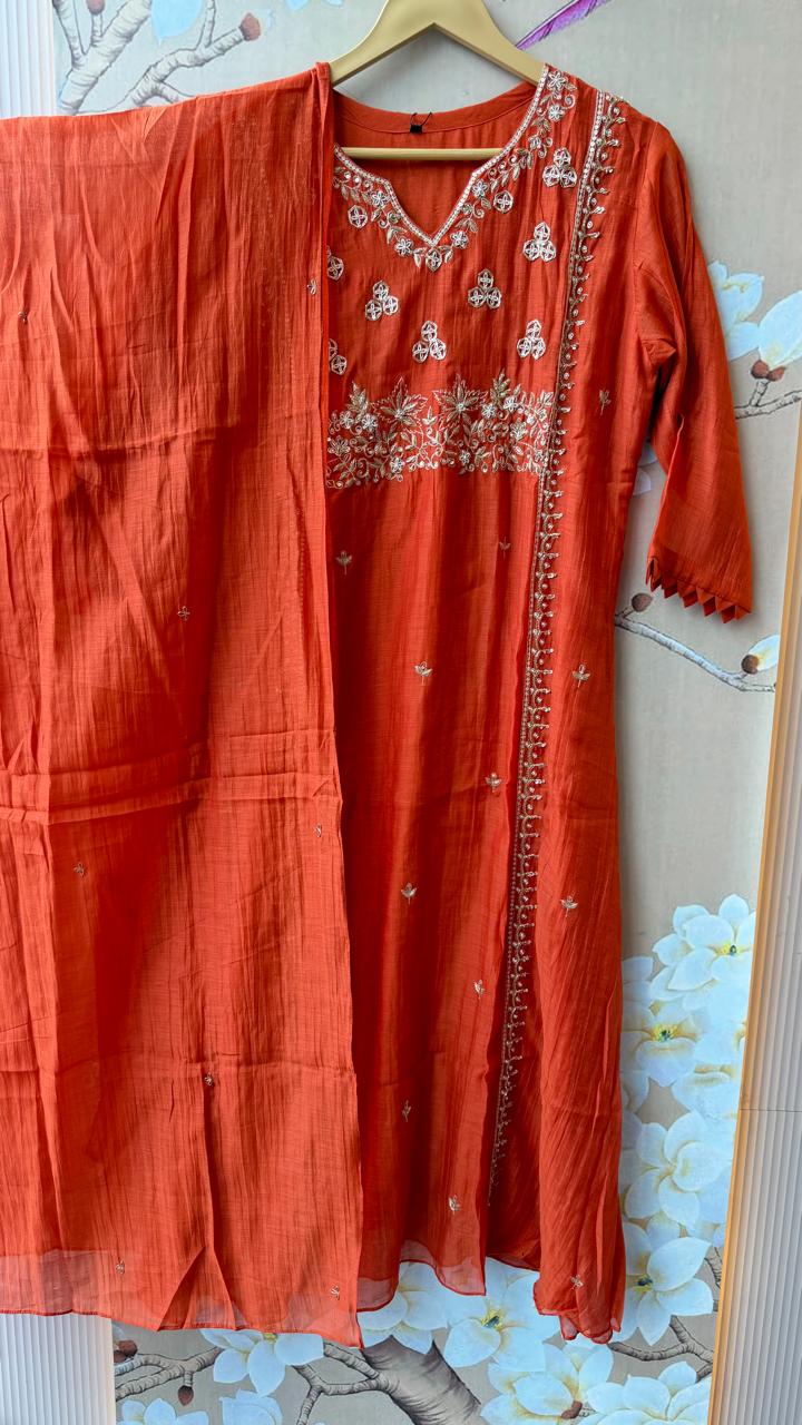 Premium Mul chanderi handwork suit set in orange