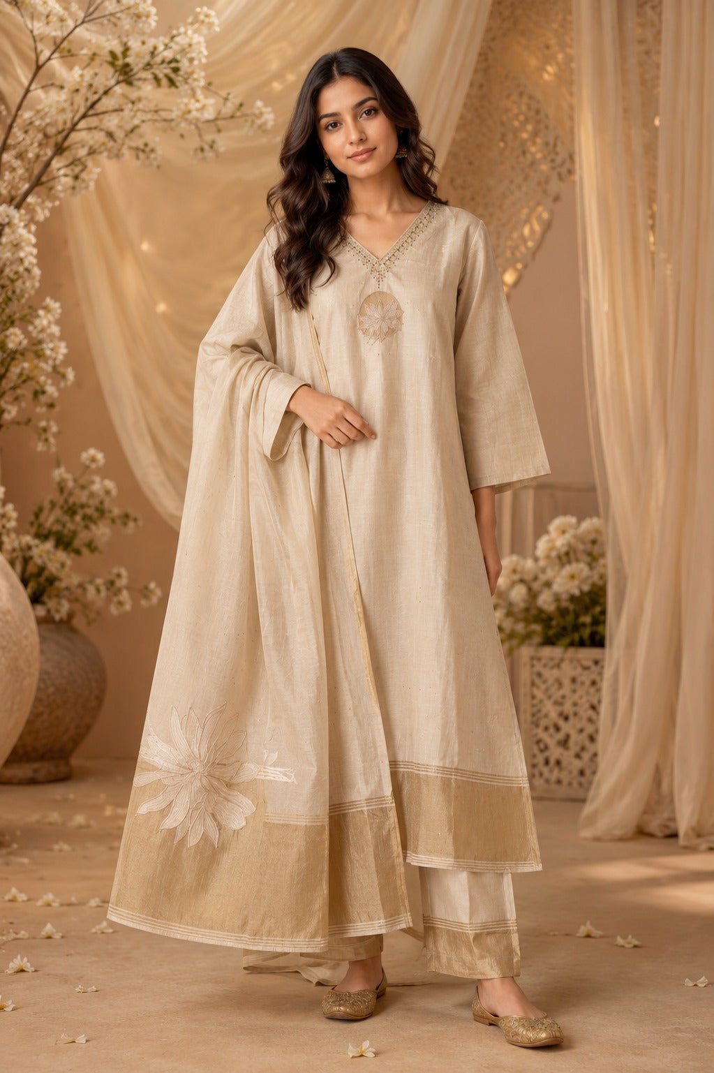 Super chanderi suit with gold zari detailing full suit set