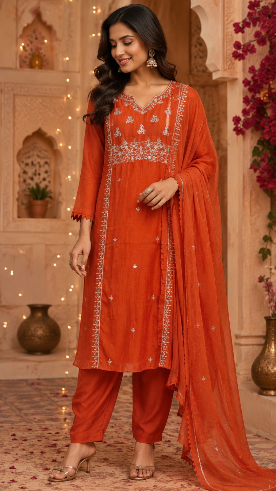 Premium Mul chanderi handwork suit set in orange
