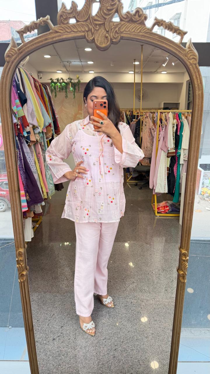 Premium Mul Chanderi embroidered with inner co ord in baby pink