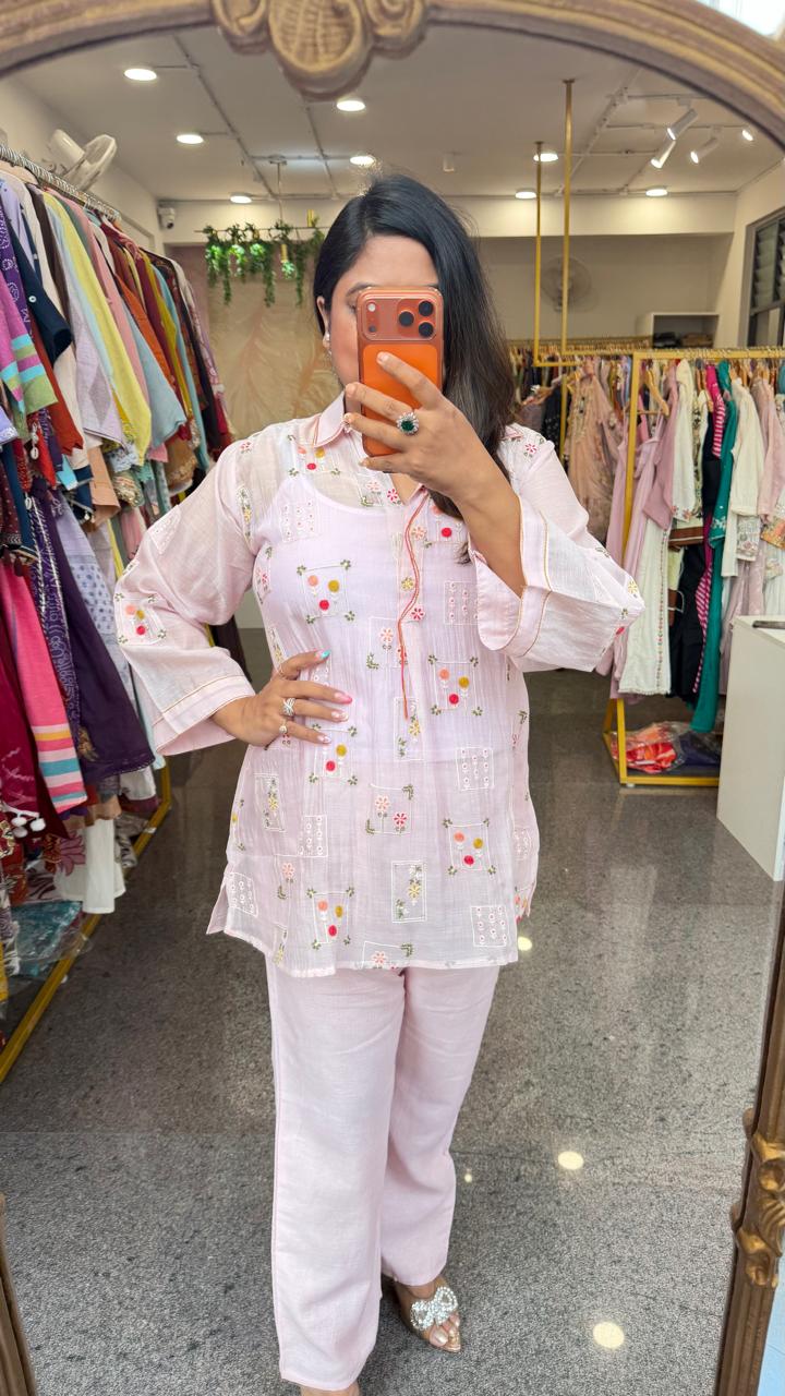 Premium Mul Chanderi embroidered with inner co ord in baby pink