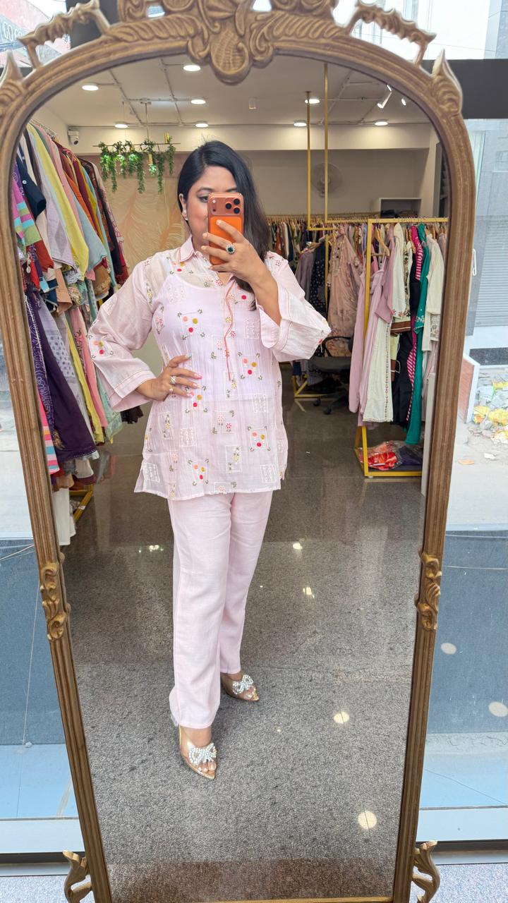 Premium Mul Chanderi embroidered with inner co ord in baby pink