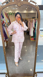 Premium Mul Chanderi embroidered with inner co ord in baby pink