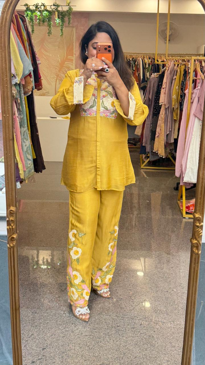 Premium chinon fully embroidered co ord in yellow