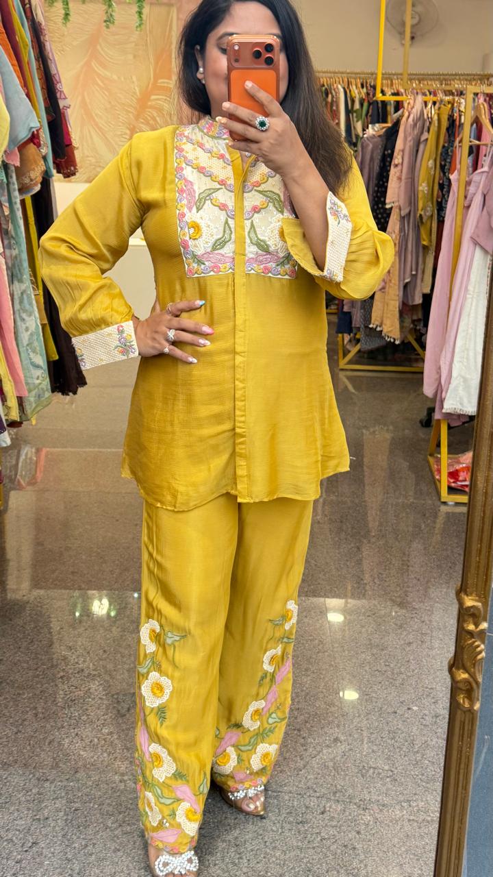 Premium chinon fully embroidered co ord in yellow