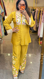 Premium chinon fully embroidered co ord in yellow