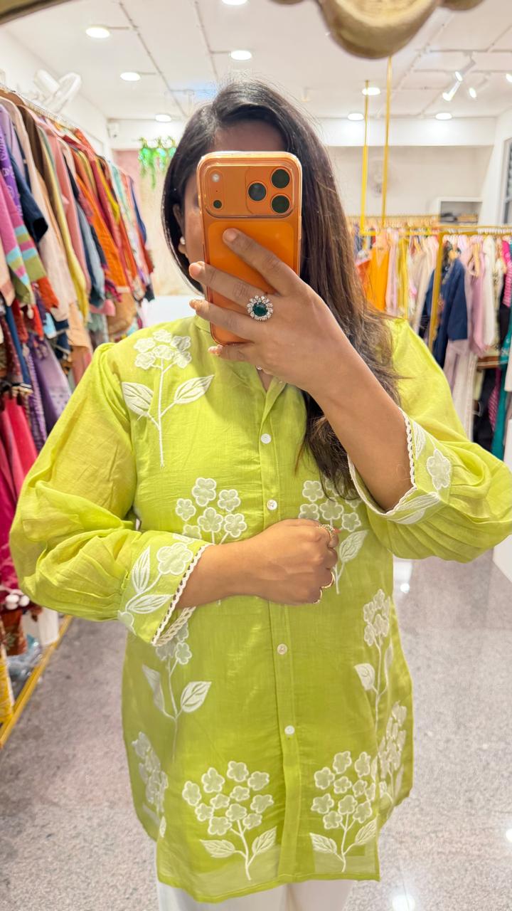Pretty Mul Chanderi embroidered Co ord in green
