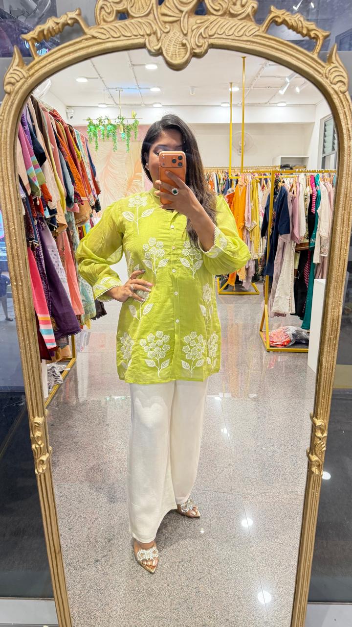 Pretty Mul Chanderi embroidered Co ord in green