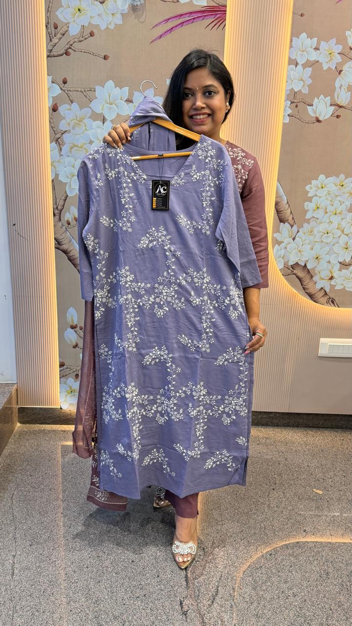 Pure cotton embroidered full suit set in purple