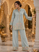 Heavy chinon ice blue heavy handwork co ord set