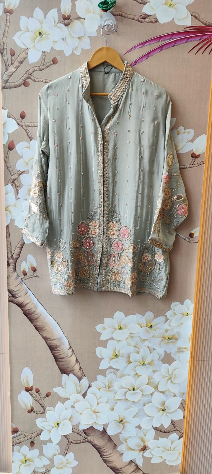 Heavy chinon ice blue heavy handwork co ord set