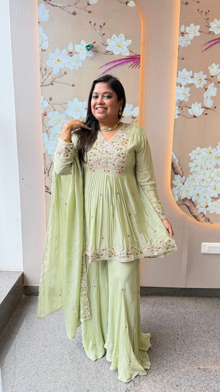 Premium chinon very handwork plazzo suit set in mint green