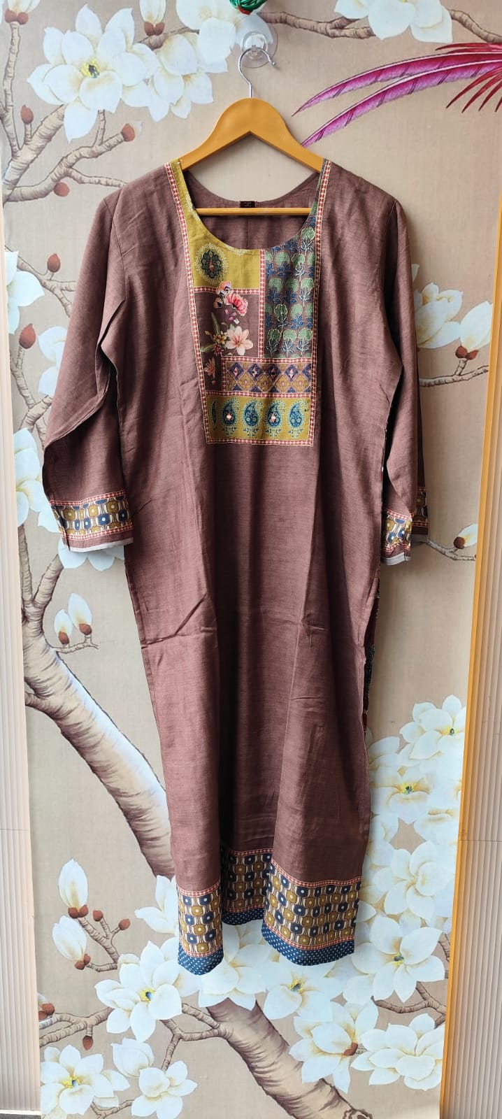 Pure muslin designer back suit set in brown
