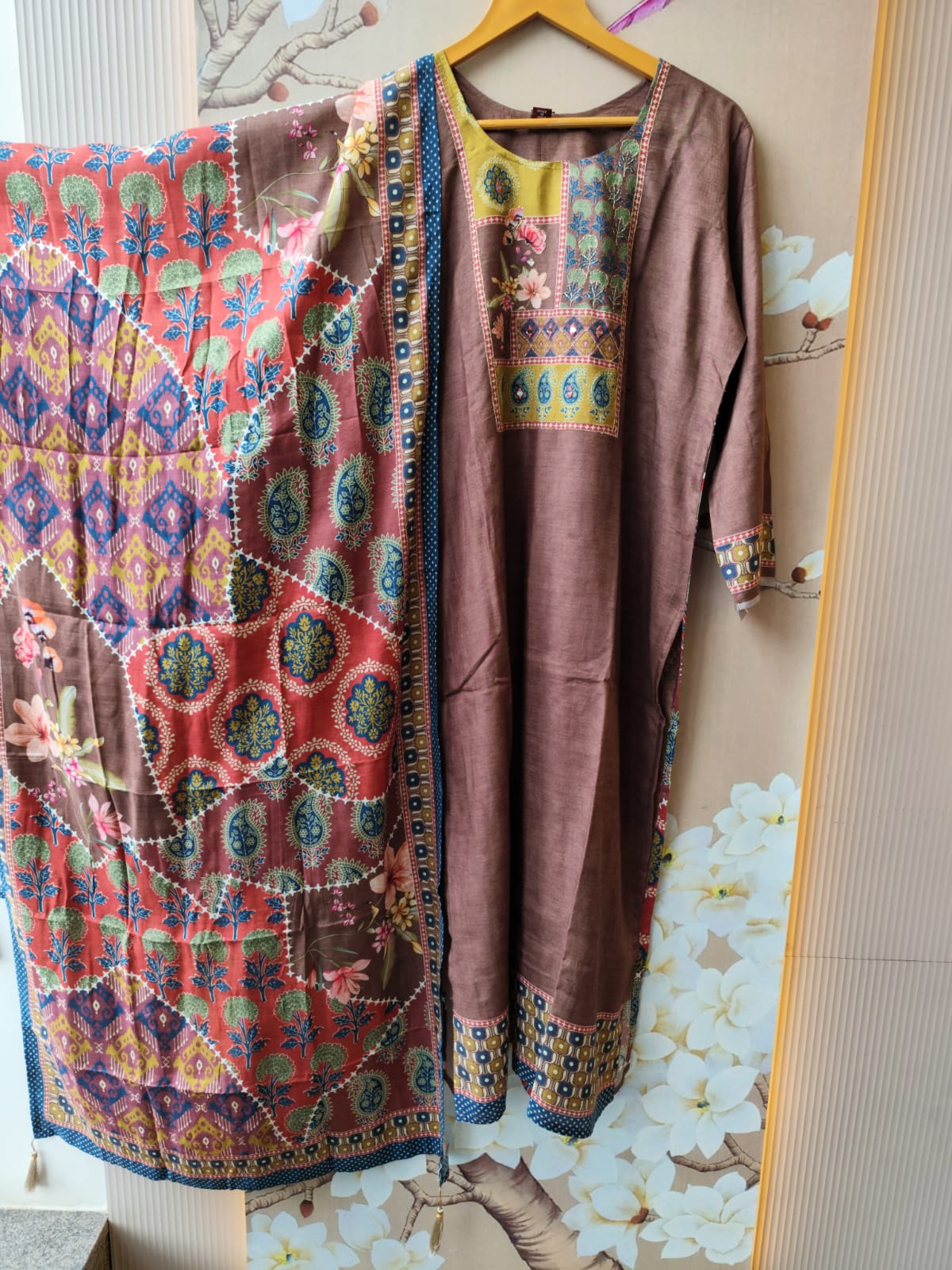 Pure muslin designer back suit set in brown
