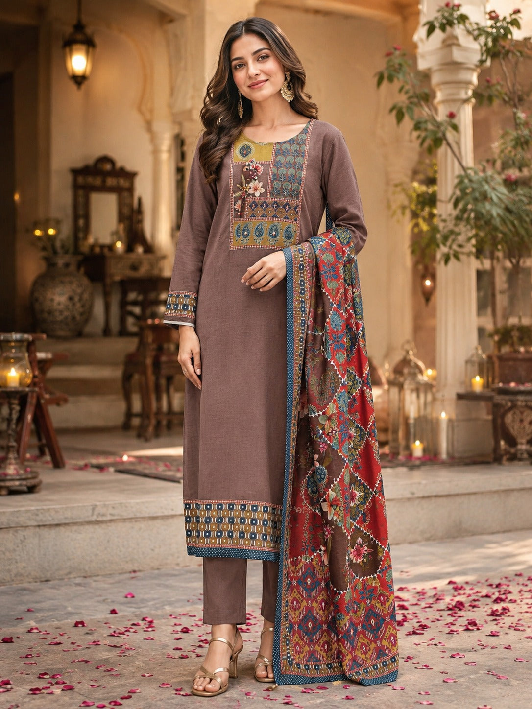 Pure muslin designer back suit set in brown