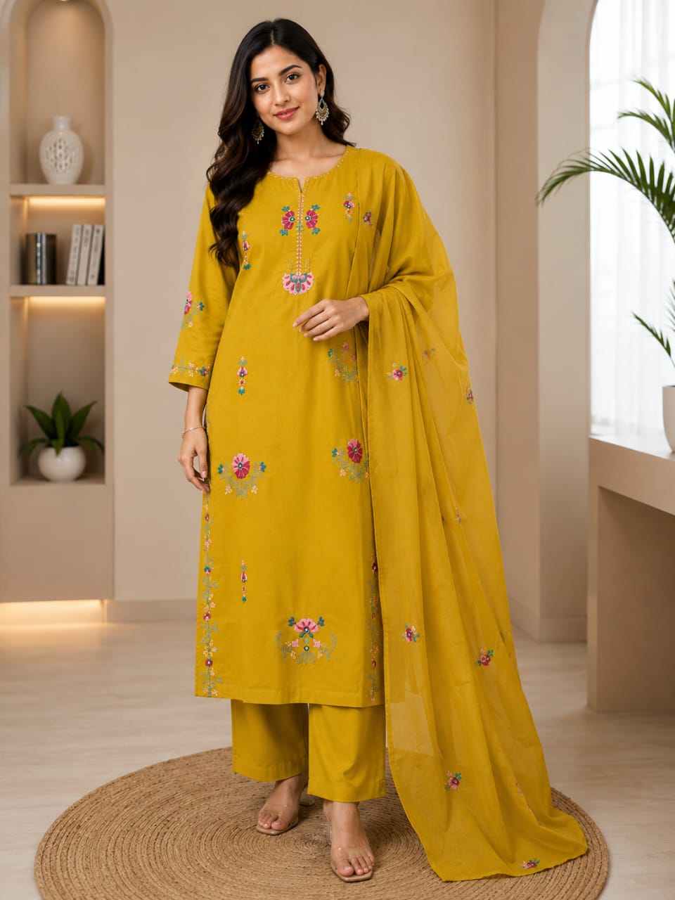 Pure cotton embroidered suit set in yellow