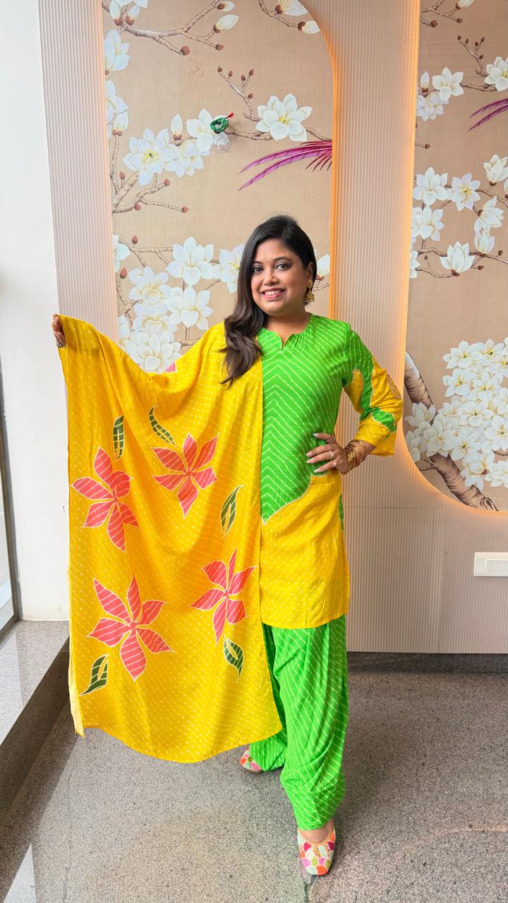 Pure softest muslin with lining and farshi salwar in yellow n green