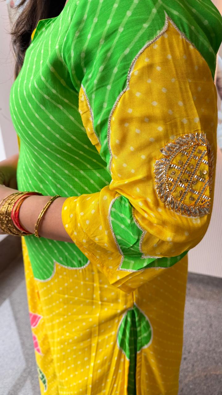 Pure softest muslin with lining and farshi salwar in yellow n green