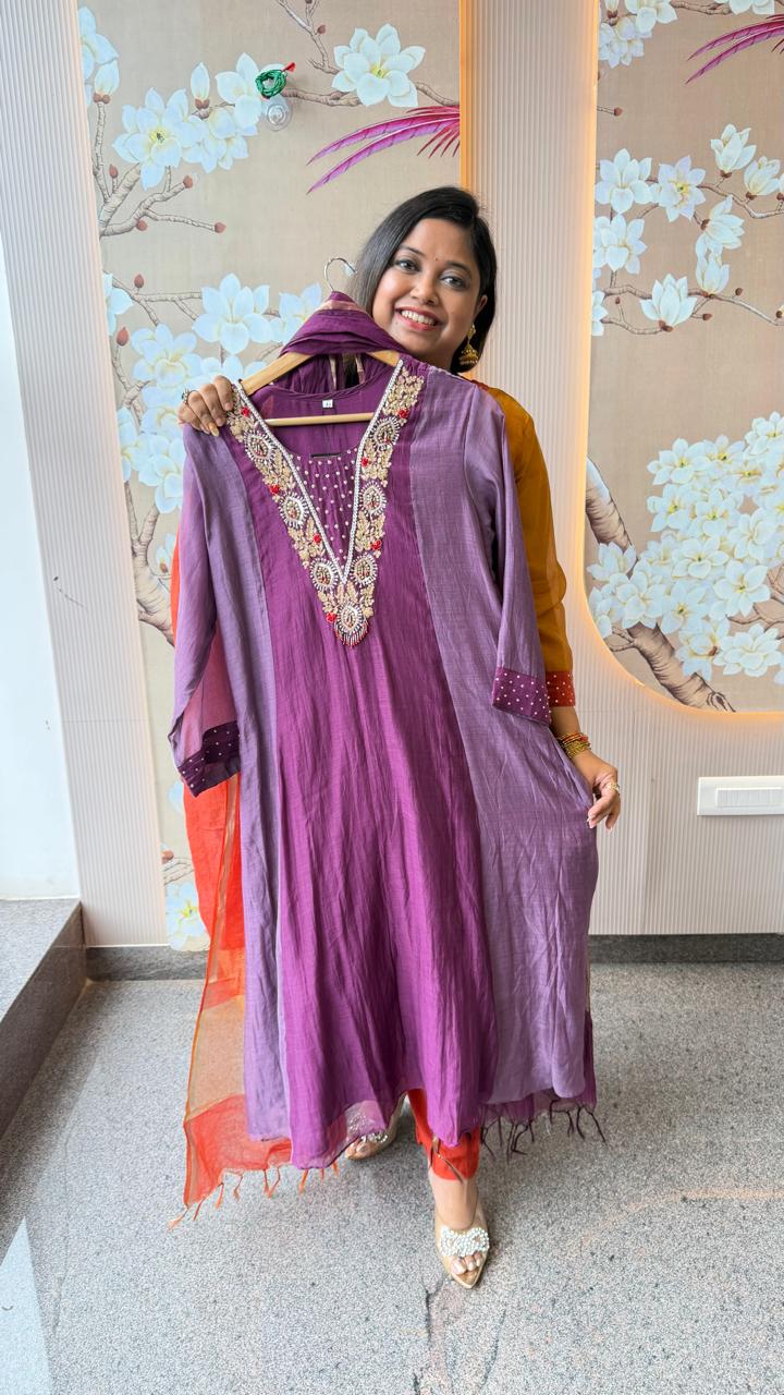 Pure Banarasi mul chanderi lining suit set in purple
