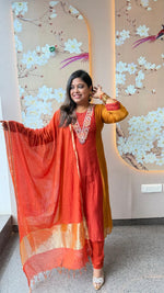 Pure Banarasi mul chanderi lining suit set in orange n yellow