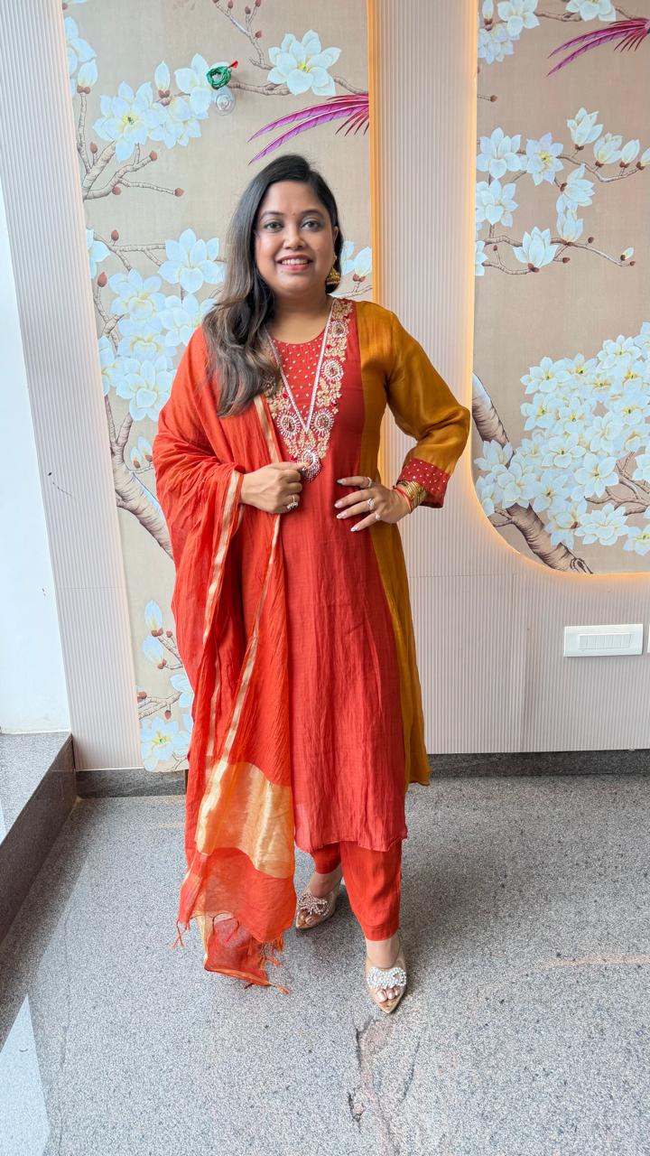 Pure Banarasi mul chanderi lining suit set in orange n yellow