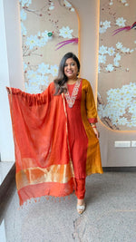 Pure Banarasi mul chanderi lining suit set in orange n yellow
