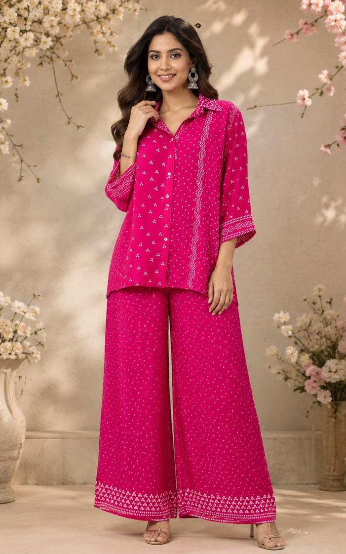 Pink bandhani crepe top with pant