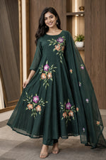 Pure Mul cotton brush painted shoulder Anarkali in bottle Green