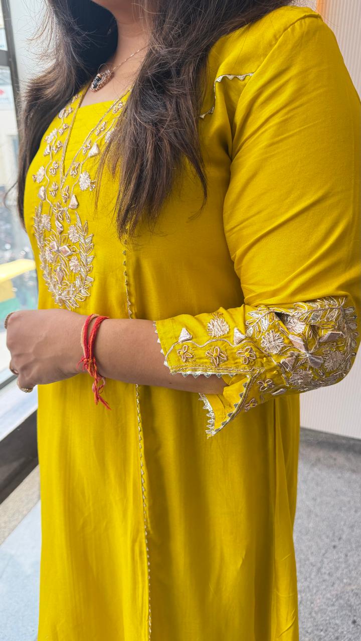 Premium dola silk with gotta detailing paired with pure orgenza dupatta in yellow