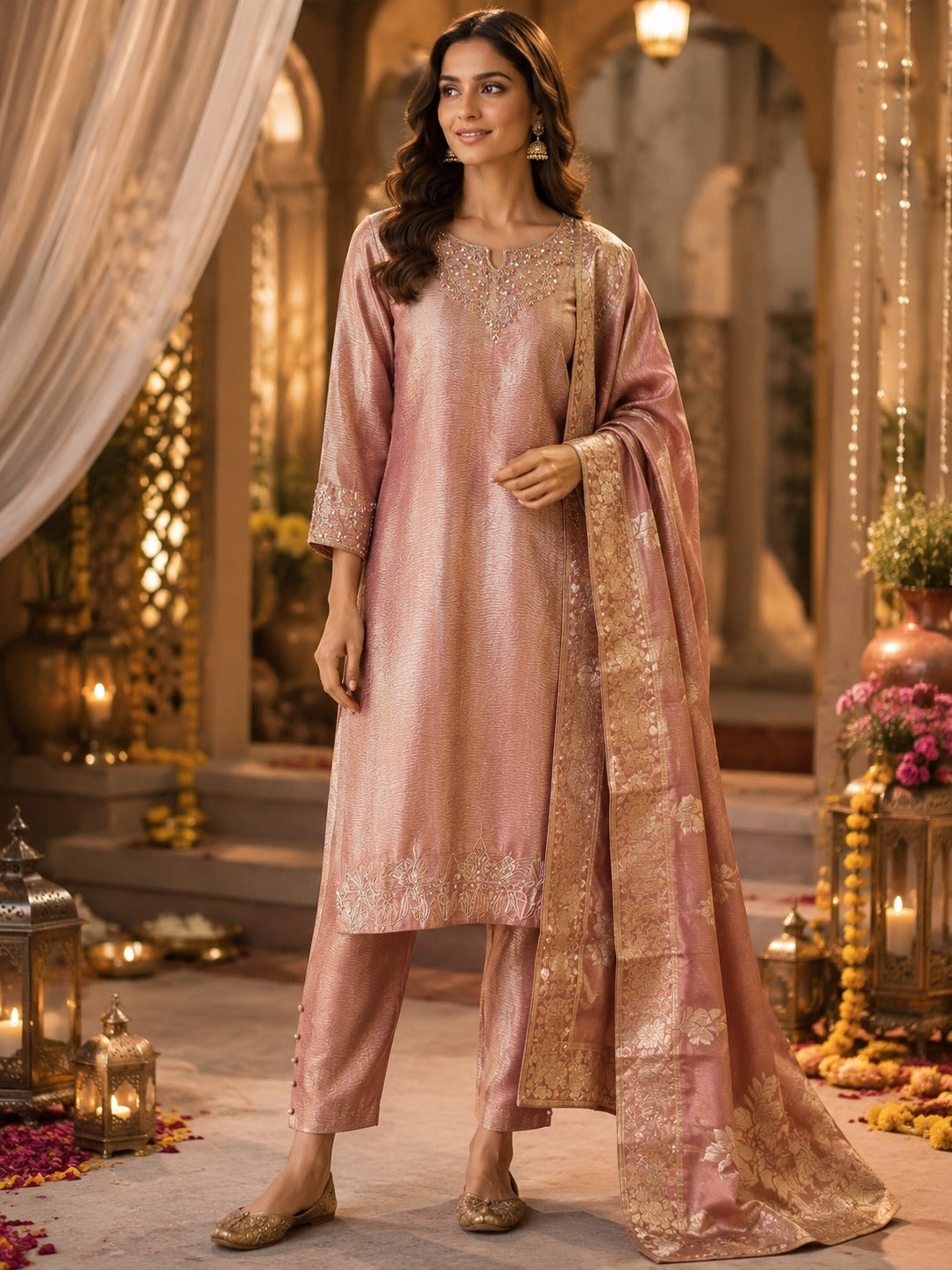 Premium tissue with self pattern all over and handwork detailing and bead work paired with Banarasi dupatta in pink (slim fit)