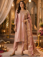 Premium tissue with self pattern all over and handwork detailing and bead work paired with Banarasi dupatta in pink (slim fit)