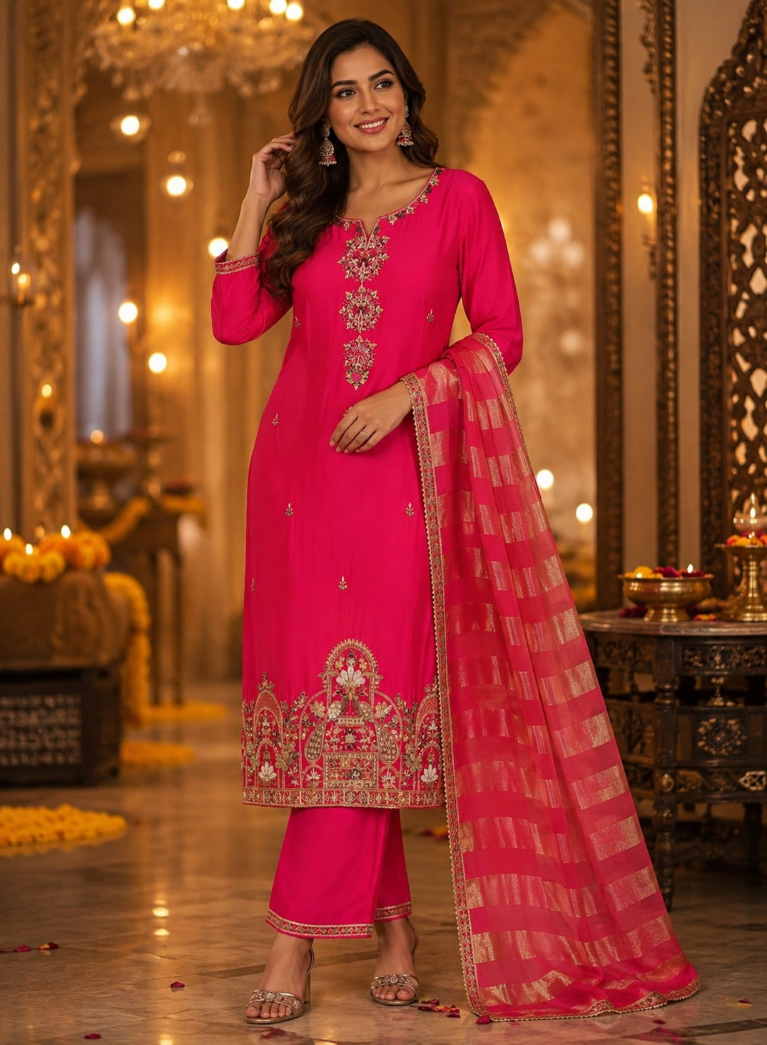 Pure chinon heavy hand work with Banarasi dupatta