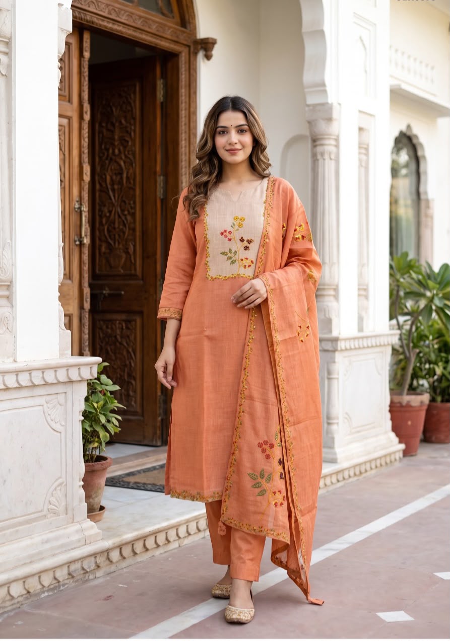 Tissue linen peach suit set (Plus Sizes)