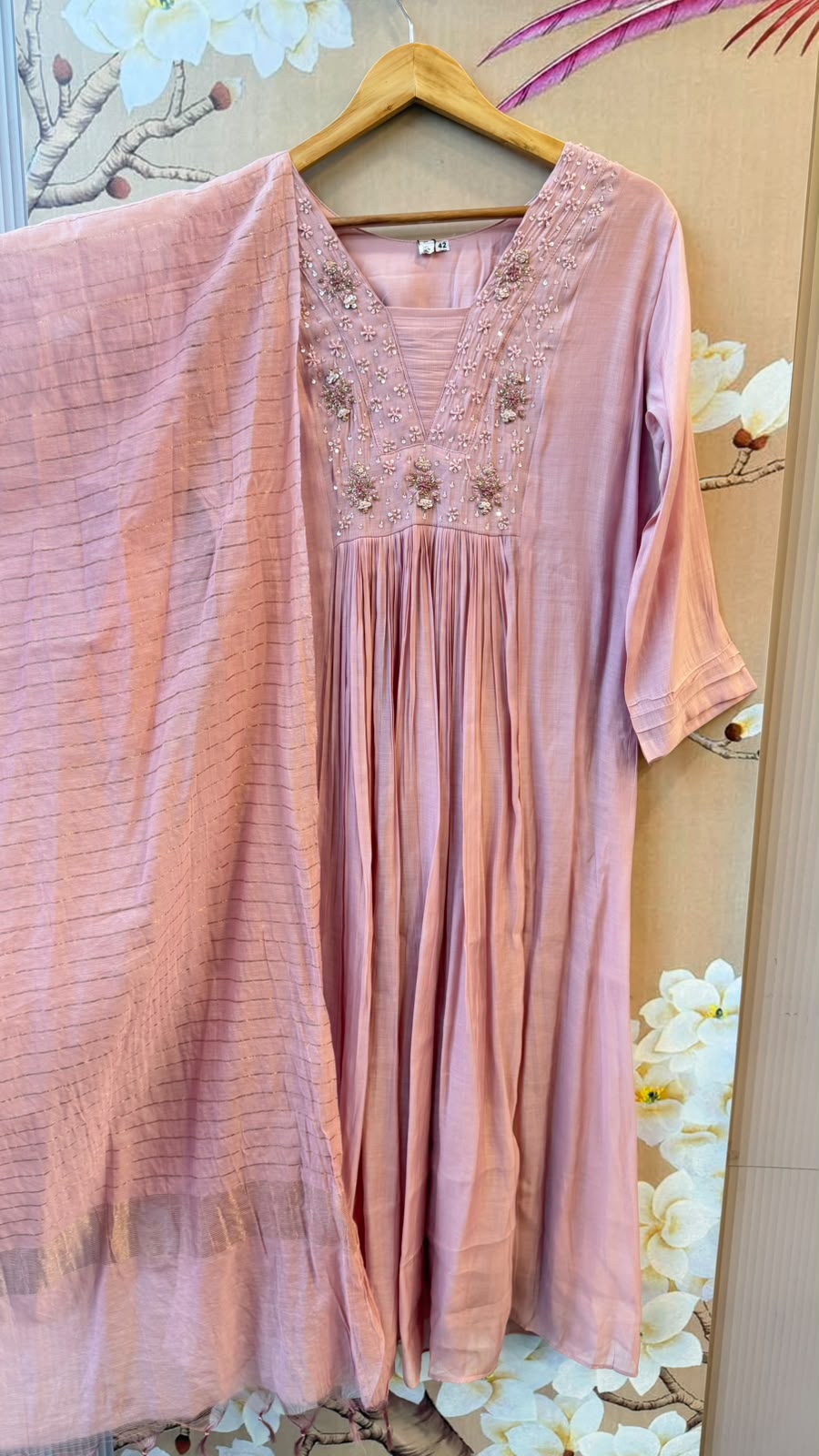 Pretty mulchanderi with bead work and lining full suit in pink
