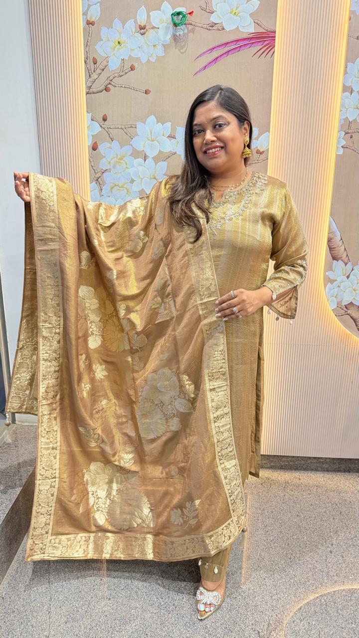 Premium tissue with self and cutwork detailing and bead work paired with Banarasi dupatta (slim fit)