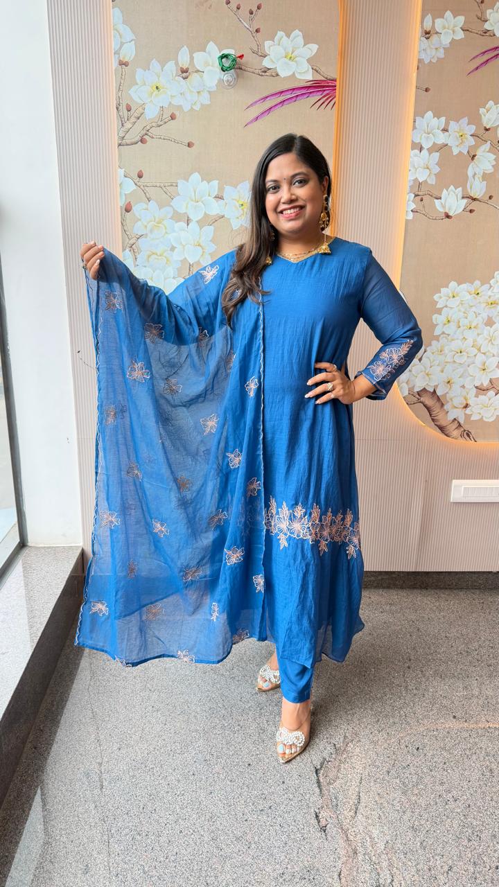 Royal blue pure Banarasi Mul chanderi zari detailing suit set