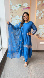 Royal blue pure Banarasi Mul chanderi zari detailing suit set