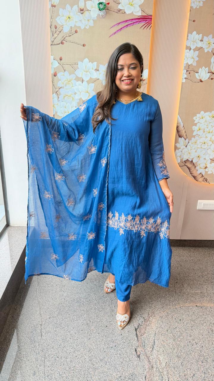 Royal blue pure Banarasi Mul chanderi zari detailing suit set