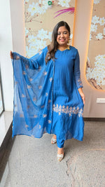 Royal blue pure Banarasi Mul chanderi zari detailing suit set