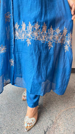 Royal blue pure Banarasi Mul chanderi zari detailing suit set