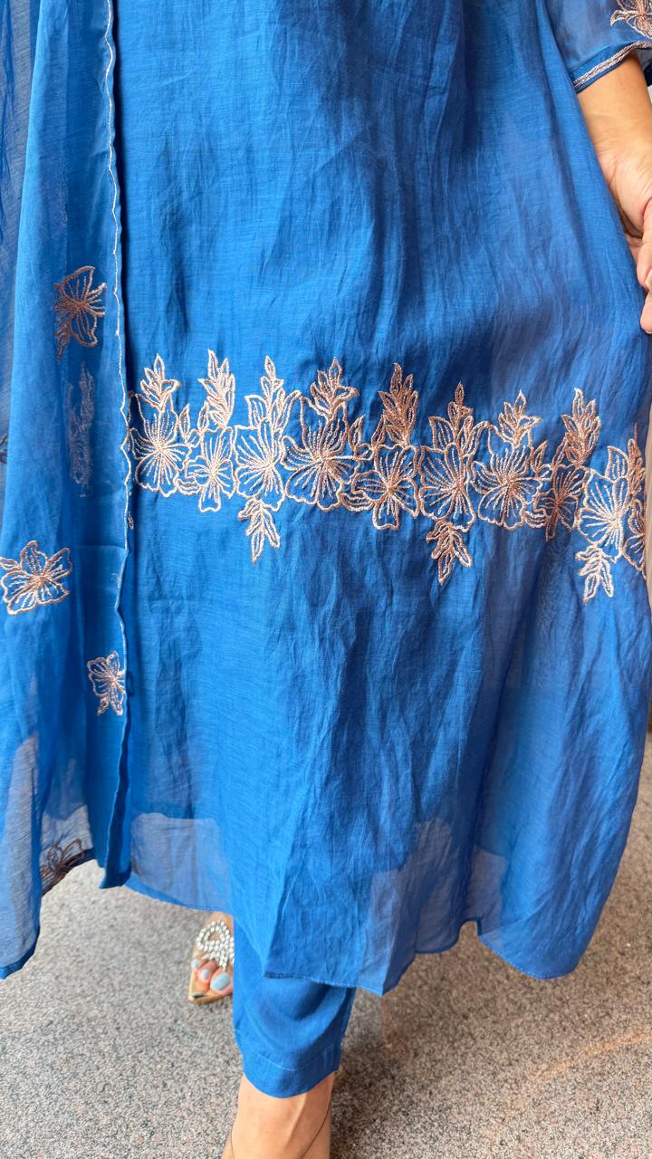 Royal blue pure Banarasi Mul chanderi zari detailing suit set