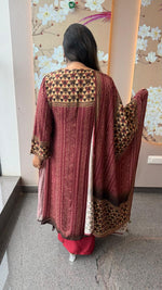 Pure Mul silk bandhani red with geometric print full suit set