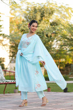 Super soft Mul cotton embroidered suit set in blue