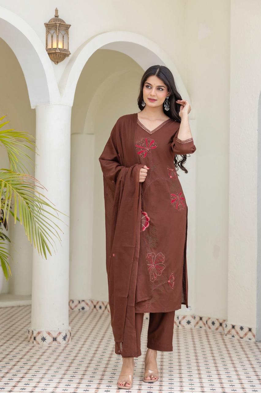 Pure Mul cotton applique embroidery cotton suit set in brown