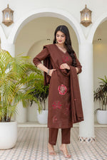 Pure Mul cotton applique embroidery cotton suit set in brown