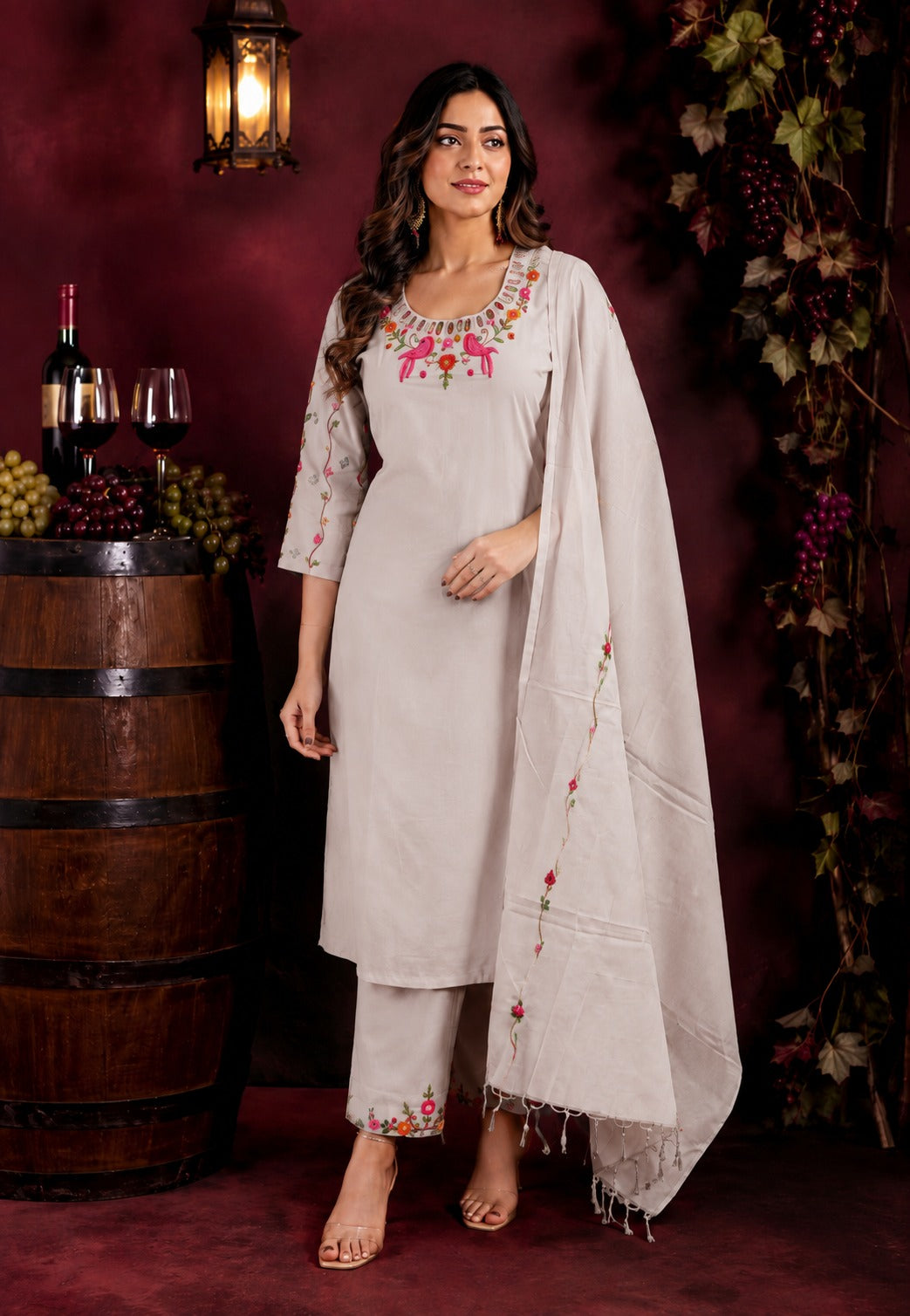 Embroidered cotton suit with real mirror yoke full suit