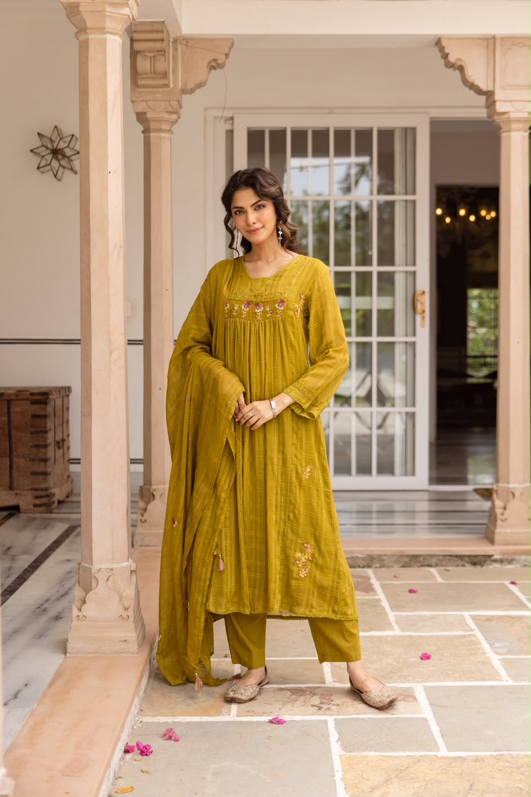 Premium Mul cotton Kota checks suit set in olive green
